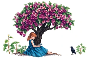 A tree of Impatiens walleriana, a little girl wearing a blue dress sitting under it while reading. A small raven watching her.


. tattoo idea