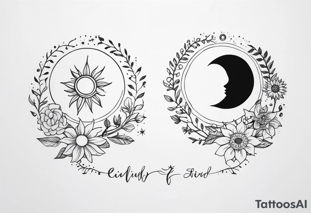 Matching friend tattoos, moon and sun, floral, vines, very small and minimal tattoo idea
