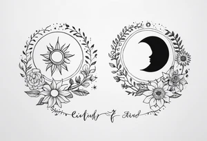 Matching friend tattoos, moon and sun, floral, vines, very small and minimal tattoo idea