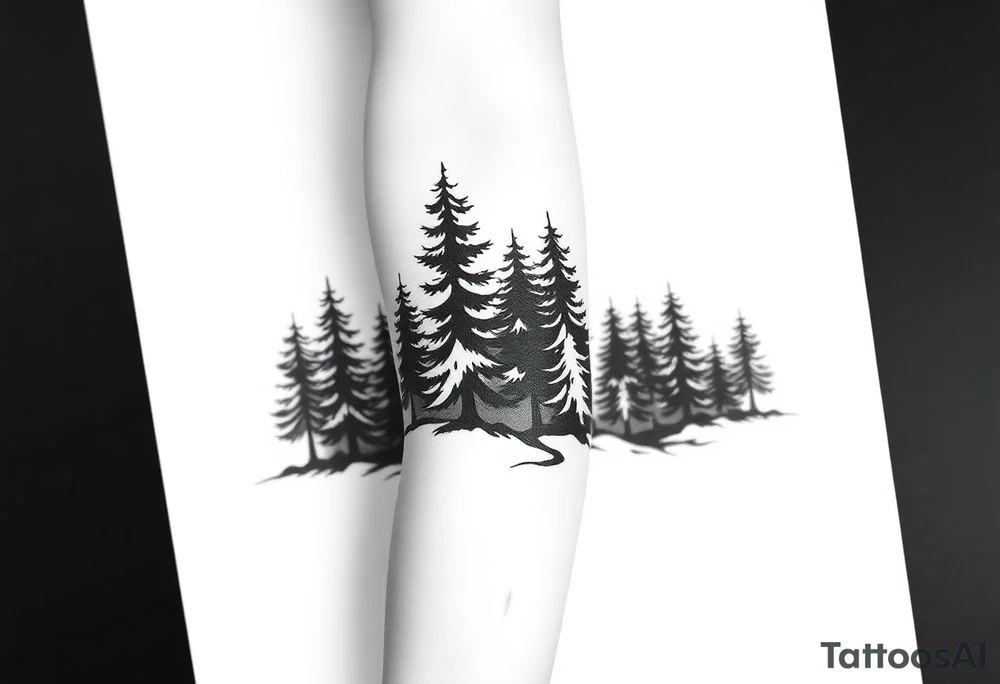 Coniferous forest tattoo sleeve black and gray tattoo idea Coniferous forest tattoo sleeve black and gray tattoo idea
