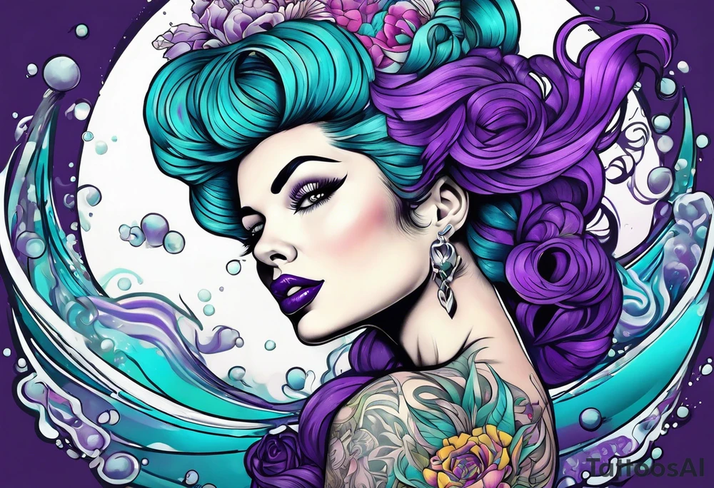 Pinup woman with purple and teal cooled hair underwater tattoo idea