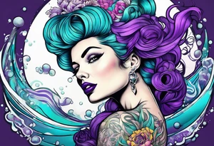 Pinup woman with purple and teal cooled hair underwater tattoo idea