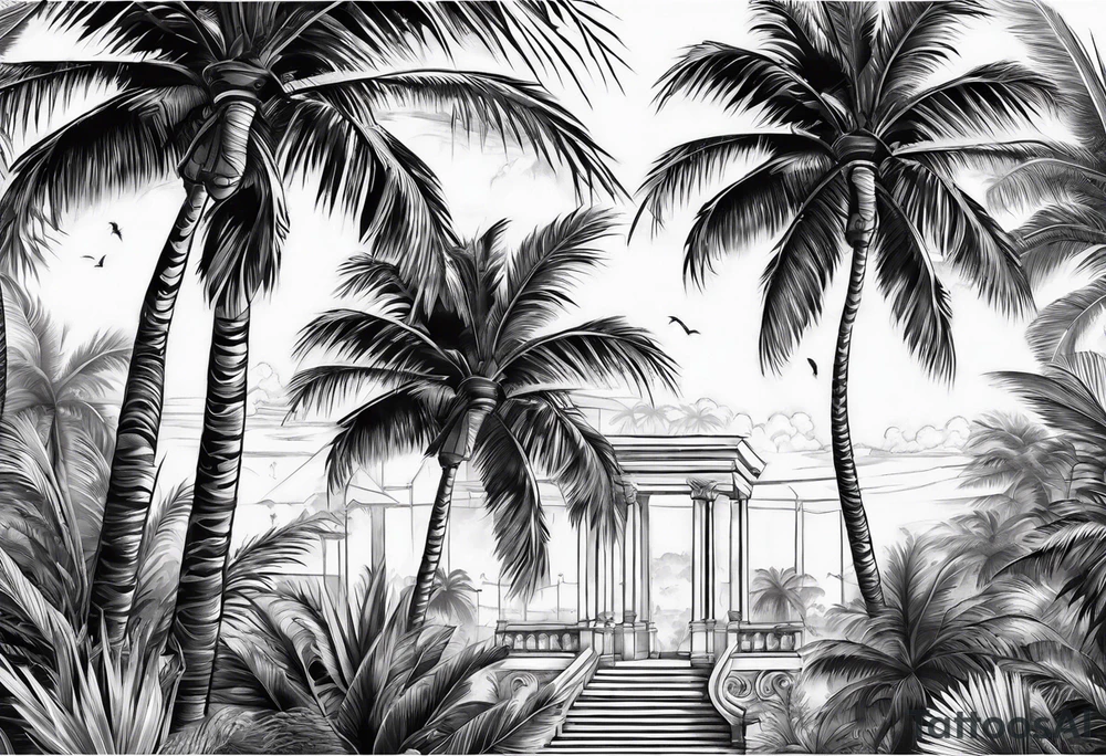 Detailed Palm tree arm sleeve tattoo idea