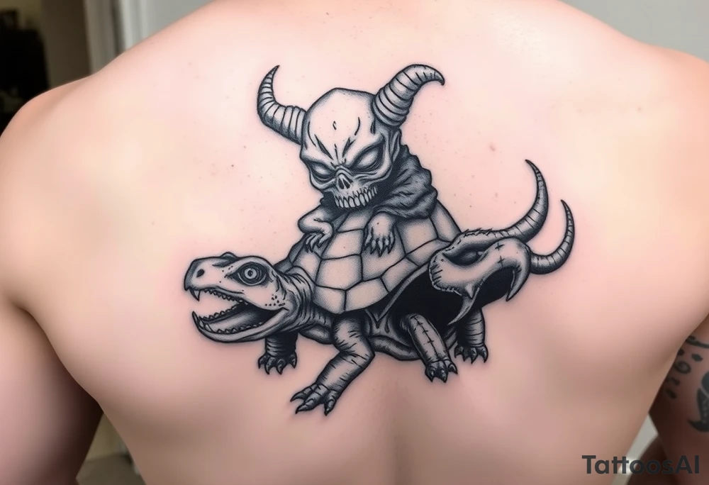An insane human with alien eyes and the devils  riding a turtle who has a giant open mouth and long teeth with ram horns tattoo idea