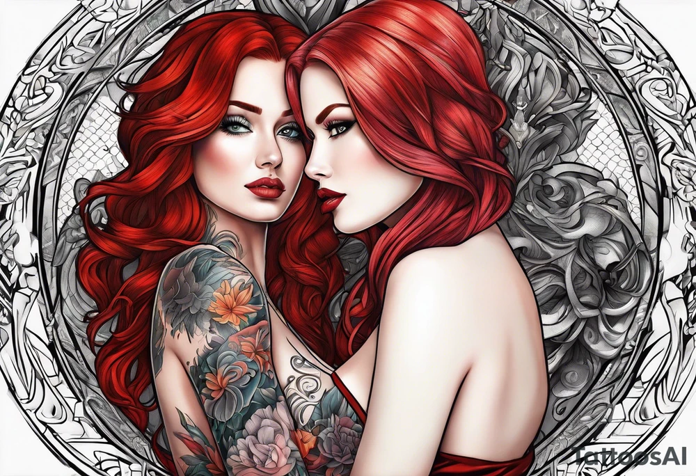 Busty red haired woman with a bearded man who has black hair tattoo idea