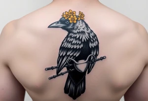 Crow with yellow flower crown, carrying a wand and uterus in its claws tattoo idea