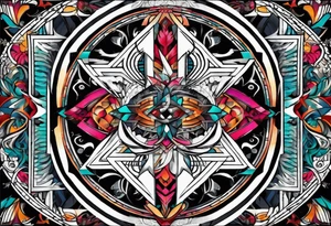 Bold geometric tapestry trident in colour on arm tattoo idea