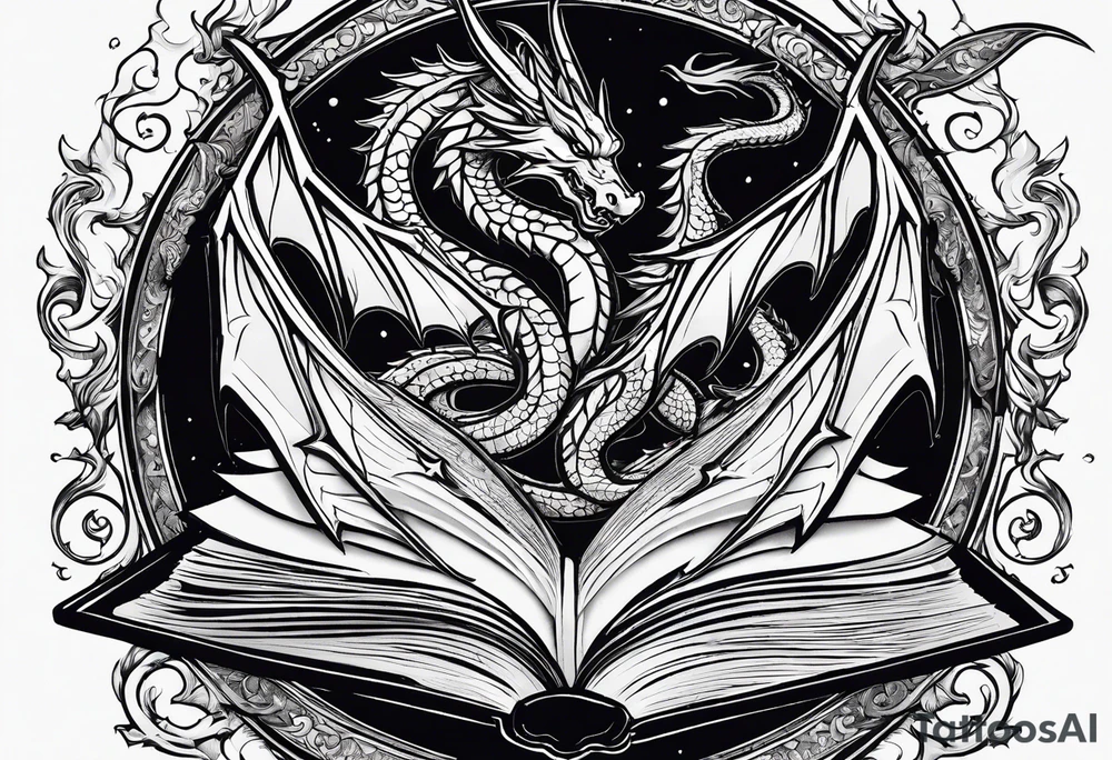 an empty open book with a sword through it, dragons and sparks surrounding the book. small design tattoo idea