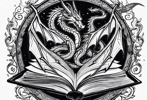 an empty open book with a sword through it, dragons and sparks surrounding the book. small design tattoo idea