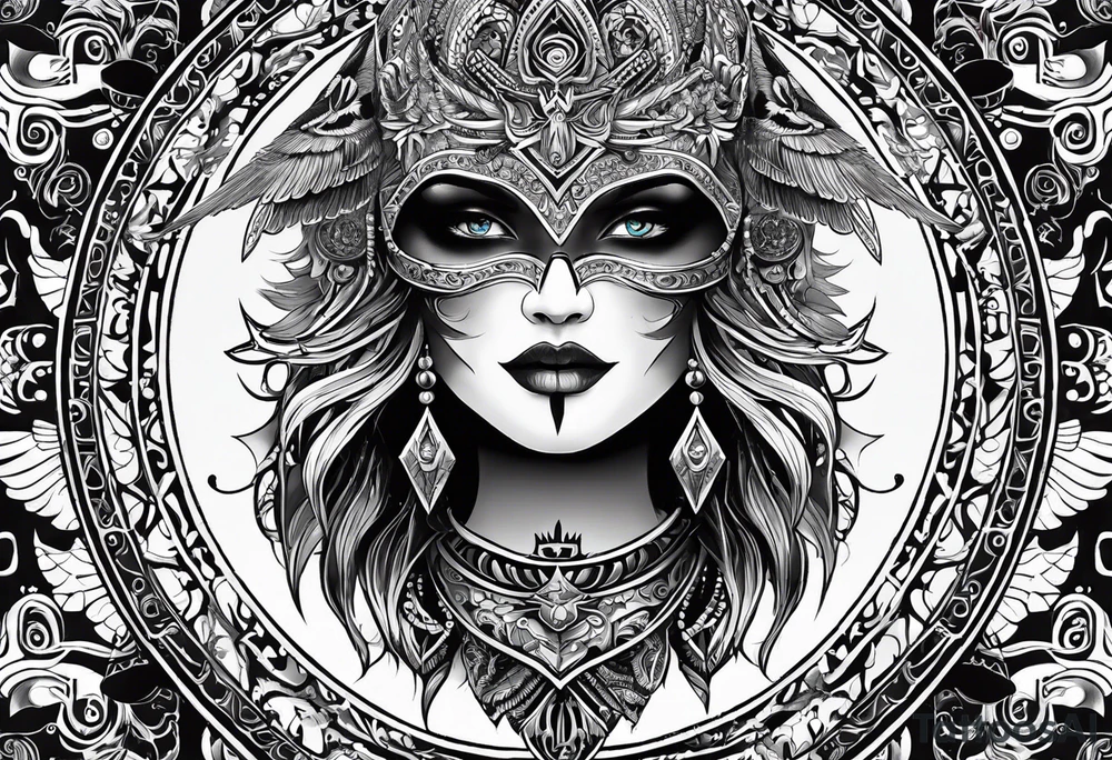 black kali, goddess pirate, alien, pachamama, valkrye, warrior, skull, lotus azul, wing, eagle, zenza resonance, stars, 5D tattoo idea
