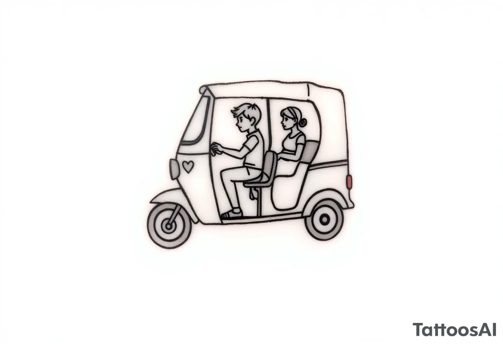 Create a simple tuk tuk. Add a boy and a girl in the vehicle. Add a heart. tattoo idea