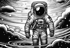 rain puddle under the feet of an astronaut tattoo idea