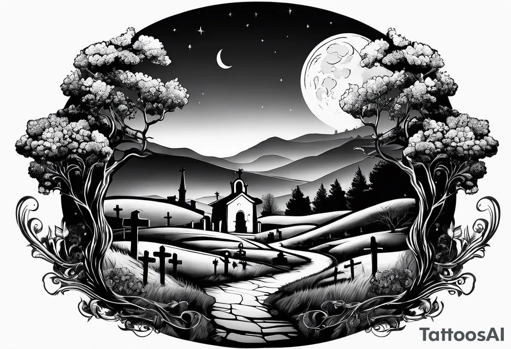 Cemetery on hills with smoke and moon tattoo idea