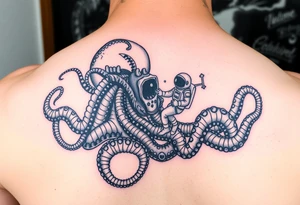 Deep sea kraken with an astronaut in a sea and space concept tattoo idea