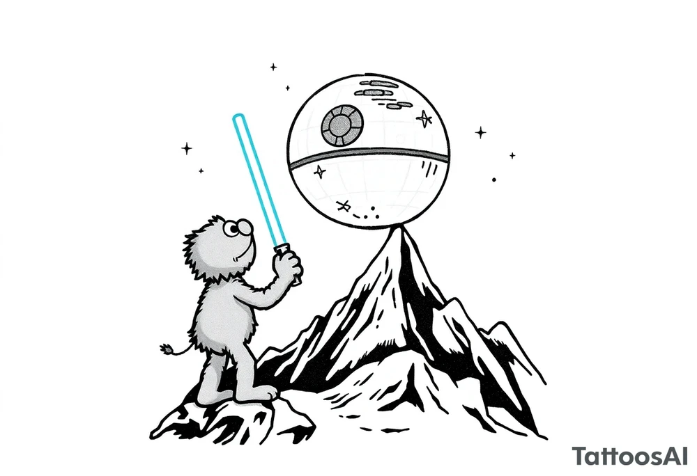 Elmo holding a lightsaber standing on a mountain looking up at the deathstar in space tattoo idea