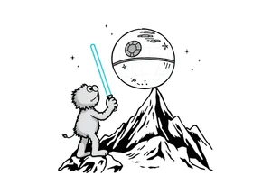 Elmo holding a lightsaber standing on a mountain looking up at the deathstar in space tattoo idea