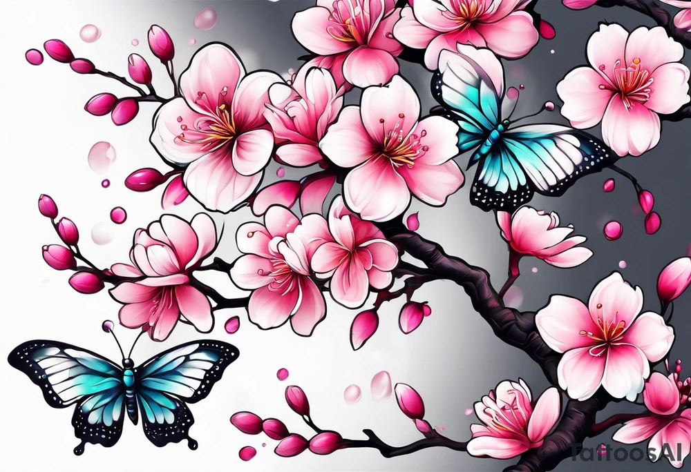 Vibrant, pink plum blossom flowers with butterflies tattoo idea