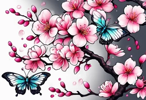 Vibrant, pink plum blossom flowers with butterflies tattoo idea