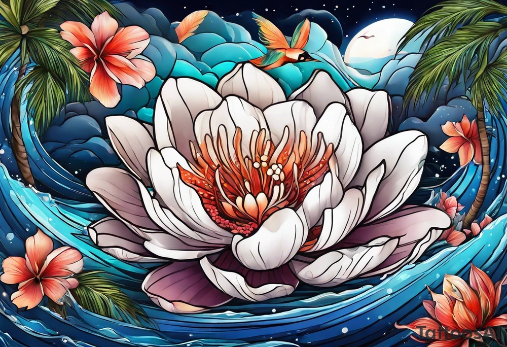 sea,, night, flower, palm, tattoo idea