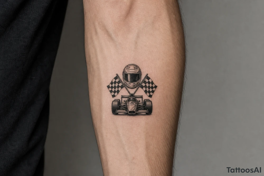A small, delicate blackwork tattoo design featuring motorsport elements . a sleek full-face racing helmet with a dark visor. classic checkered racing flags crossed at the poles. a front-angle view of a vintage open-wheel race car showing wide tires and front wing details. tattoo idea