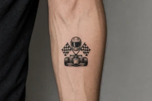 A small, delicate blackwork tattoo design featuring motorsport elements . a sleek full-face racing helmet with a dark visor.  classic checkered racing flags crossed at the poles. a front-angle view of a vintage open-wheel race car showing wide tires and front wing details. tattoo idea