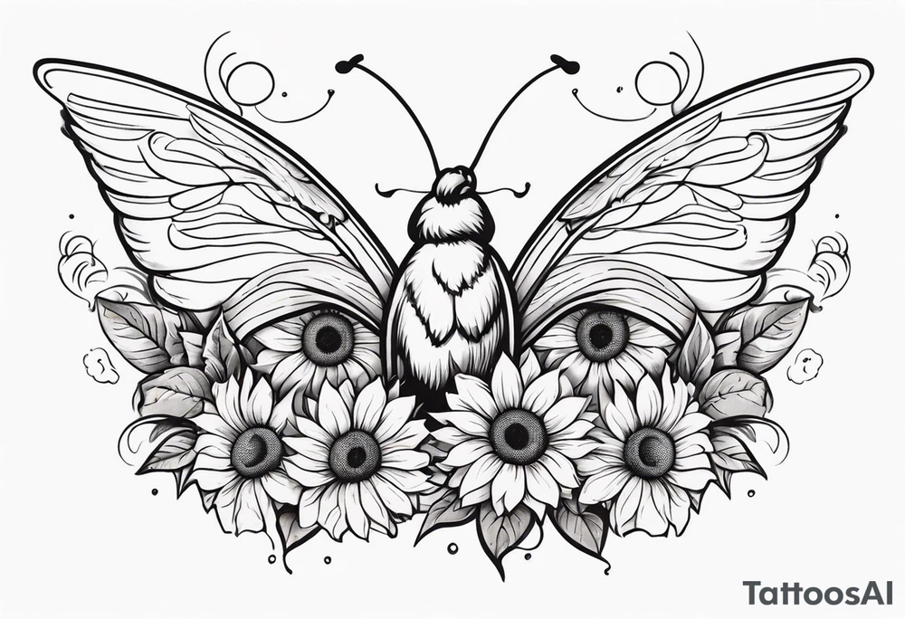 Sleeve with angel wings, sunflower and butterfly tattoo idea