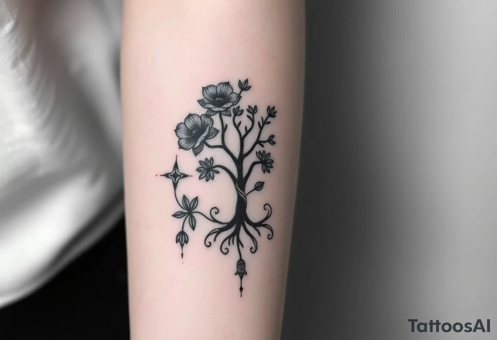 Nature tattoo mixing symbols of italy, Ireland, wales, and london in a linear, narrow for forearm tattoo with small pops of color

Too minimalist. Mix some realistic 

No far off. More realistic with some fantasy... celtic knotting...tree of life, poppy silhouette, laurel, olive branches, daffodils maybe for the four countries..  and othe nature symbols tattoo idea
