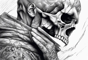 extreme chronic joint pain breaking through skin on arm sorrow sad broken tissue realistic fragmented screaming skull man tattoo idea