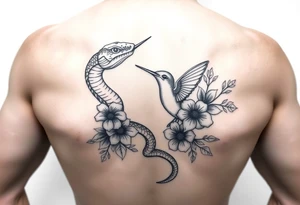 powerful beautiful snake holds hummingbird with flowers tattoo idea