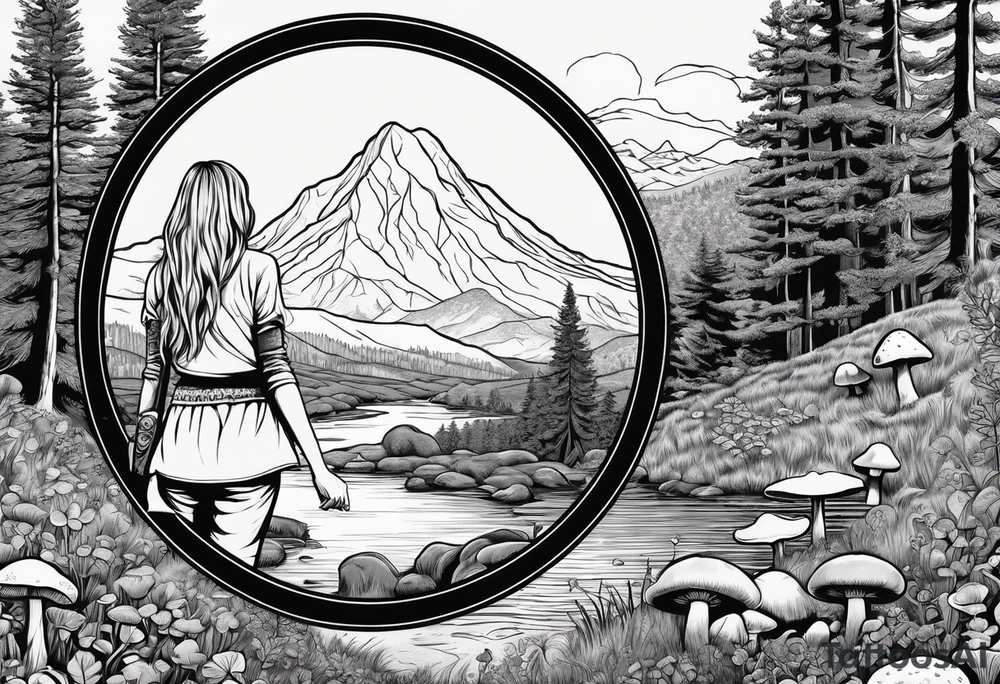 Whole picture encircled fully

Straight long blonde hair hippie girl in distance holding mushrooms in hand facing away toward mountains and creek surrounded by mushrooms long sleeve shirt and hiking pants; whole rendering within a full circle, no cut off circle tattoo idea