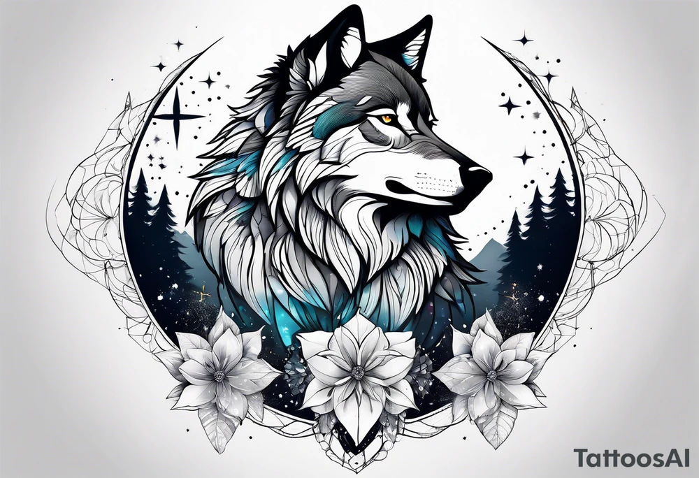 Constellation, animal wolf snow , géométric , flower tattoo idea