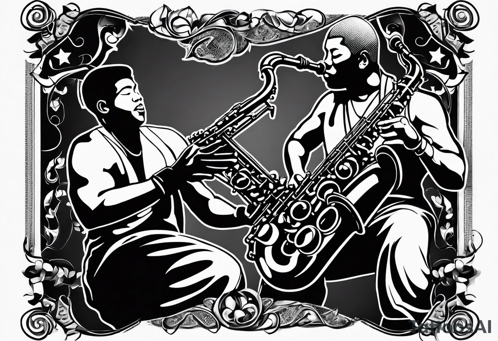 Muay Thai boxer with strong body is playing jazz on a Selmer tenor saxophone in a jazz club front of a jazz trio band. The notes are coming out from the saxophone and turning into buddhist symbols. tattoo idea