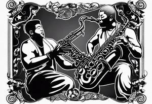 Muay Thai boxer with strong body is playing jazz on a Selmer tenor saxophone in a jazz club front of a jazz trio band. The notes are coming out from the saxophone and turning into buddhist symbols. tattoo idea