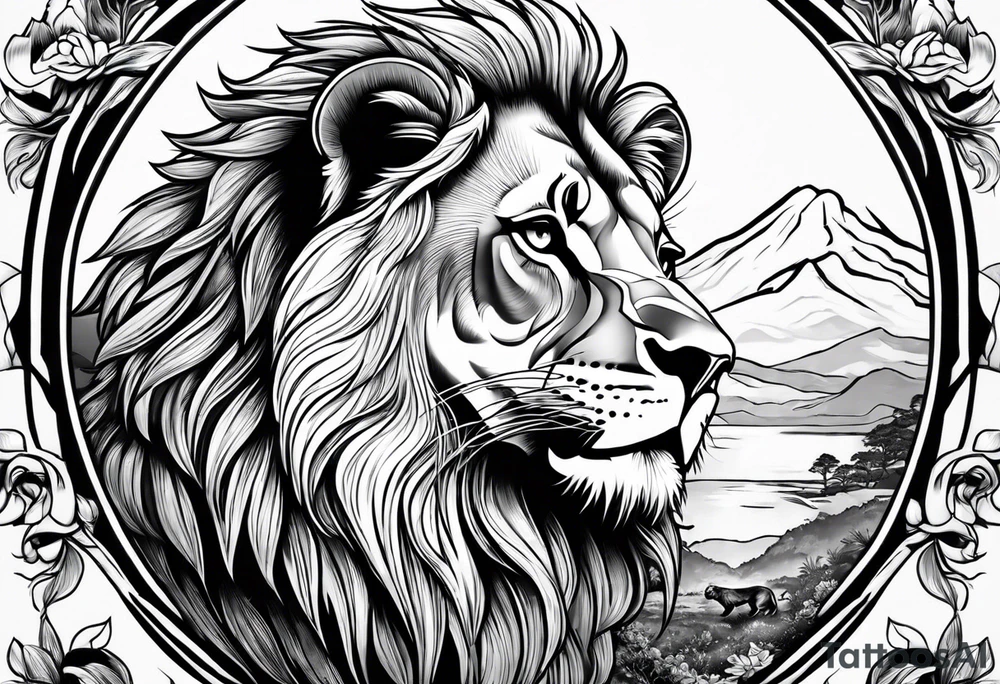 shoulder sleeve with lion and cub, landscape background tattoo idea