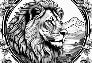 shoulder sleeve with lion and cub, landscape background tattoo idea