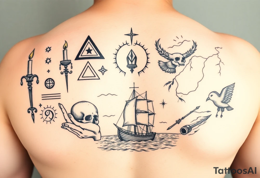 make a seamless sleeve design for a left arm from top of shoulder to wrist in fine line art that includes the images: candlestick, triangle, open hands, light, crown, a path, jacob wrestling with God, skull, ocean, bison, shepherd crook, dove, electricity, ship on the sea tattoo idea