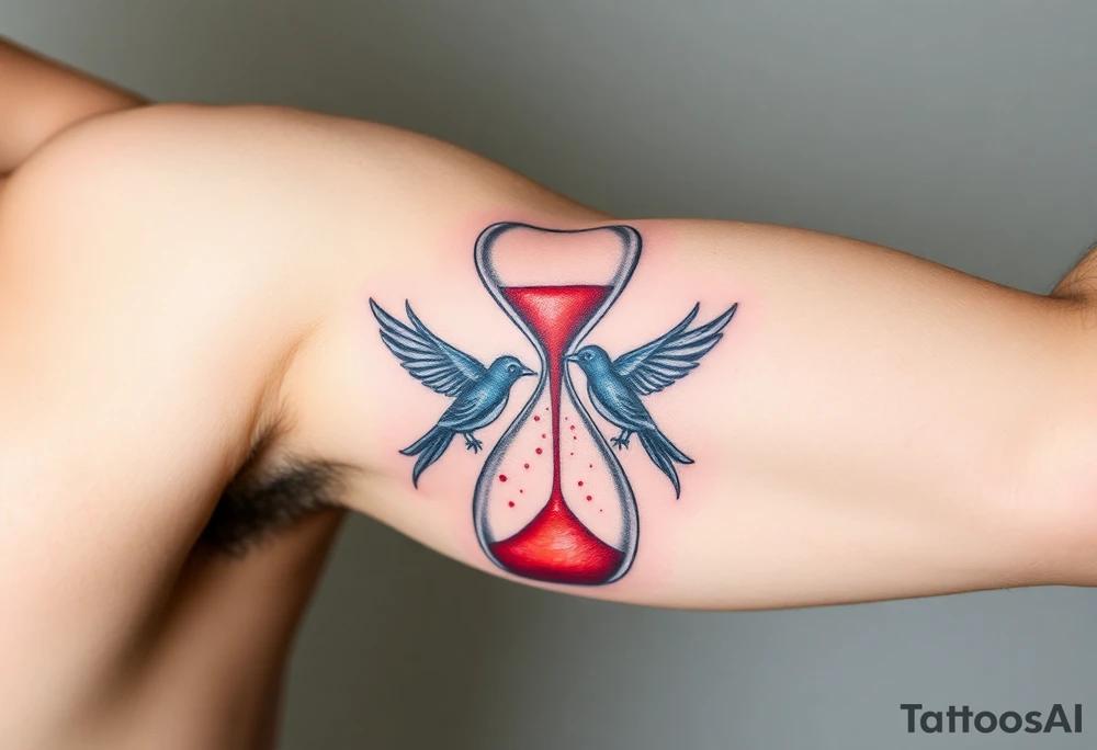 An Hourglass with Sand Turning into Birds(only red , blue and black are possible colors) tattoo idea