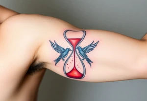 An Hourglass with Sand Turning into Birds(only red , blue and black are possible colors) tattoo idea