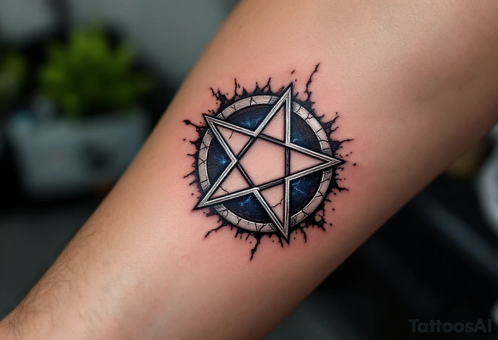 A metallic silver pentagram -  five-pointed star with cracked edges, surrounded by black mist and ethereal blue glow. tattoo idea