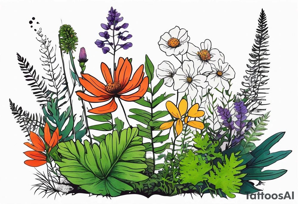 saturated mixed wildflower with moss and ferns and with color tattoo idea