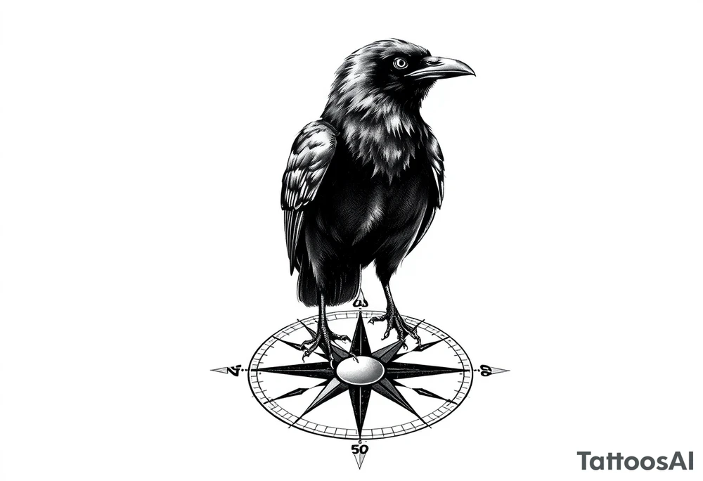 a raven stands on a compass. tattoo idea