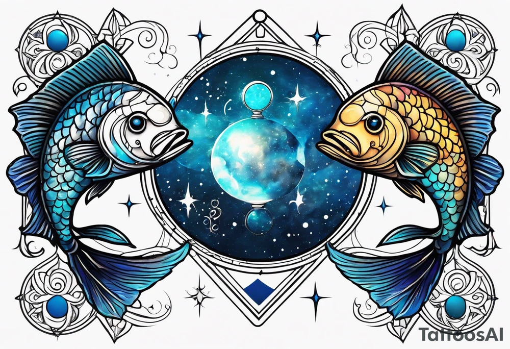A 1/2 sleeve with 2 pisces fish one black one blue incorporate sigils and cosmos in background tattoo idea