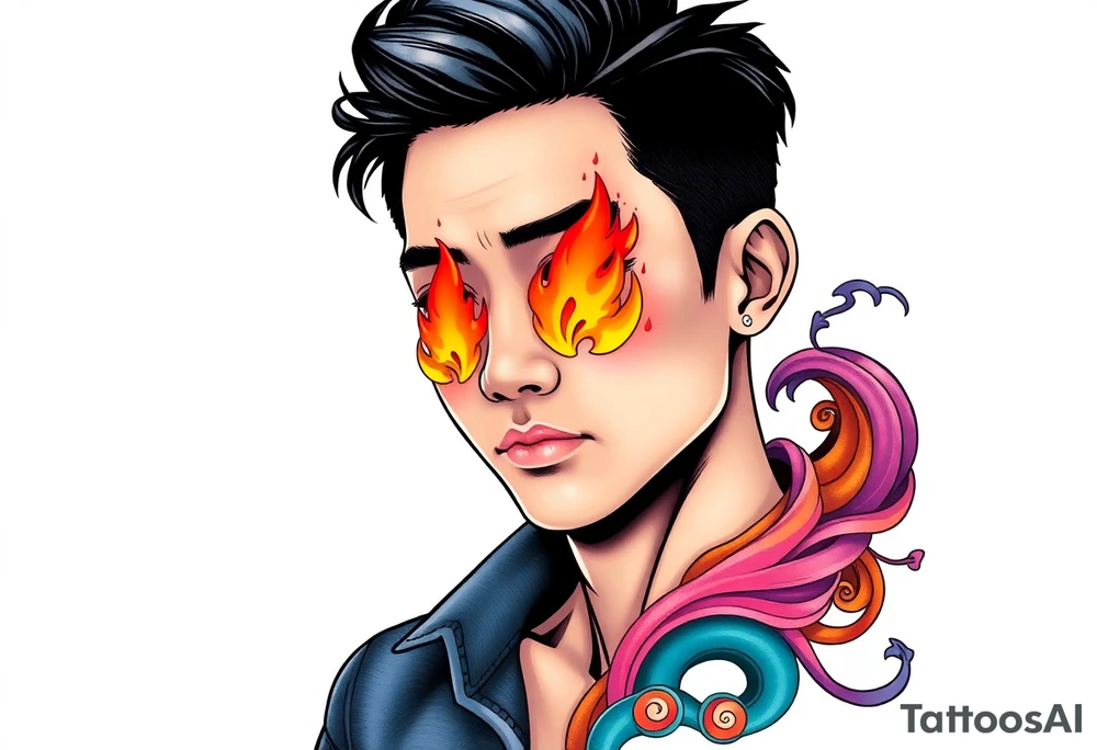 Handsome Asian young guy with flame instead of eyes tattoo idea