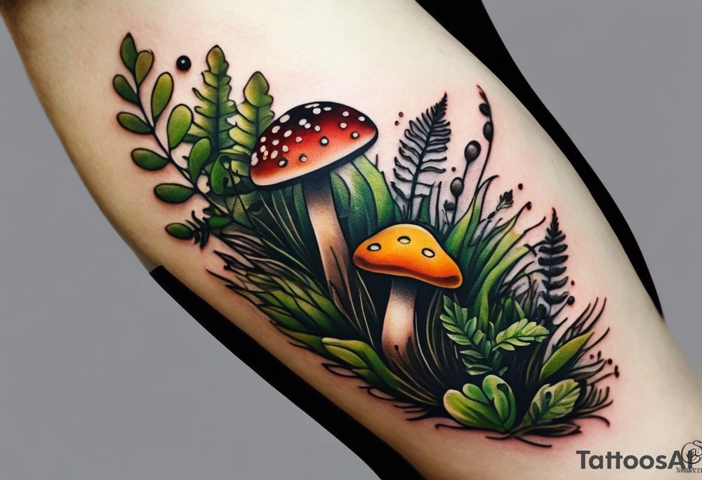 minimalistic forest floor inspired tattoo, which includes grass, moss, curly ferns and dead leaves as the bulk of the tattoo. details to include: forest berries, couple of very small brown mushrooms, a tiny bumblebee flying nearby tattoo idea