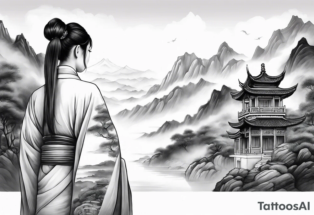 forearm sleeve traditional chinese art painting style autumn mountains mist fog water Chinese temple female with pony tail wearing robes seated meditating far off in the distance tattoo idea