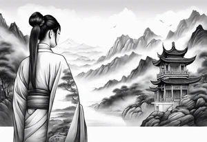 forearm sleeve traditional chinese art painting style autumn mountains mist fog water Chinese temple female with pony tail wearing robes seated meditating far off in the distance tattoo idea