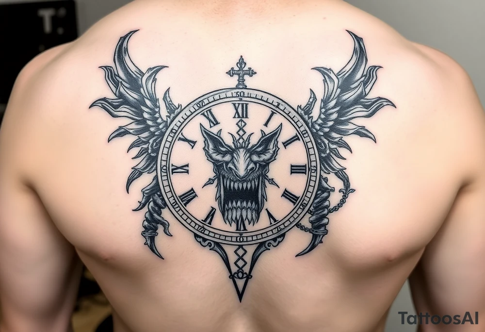 Cronos devorando el tiempo: puede incluir un reloj roto, engranajes y el rostro de Cronos, ideal en blanco y negro. tattoo idea