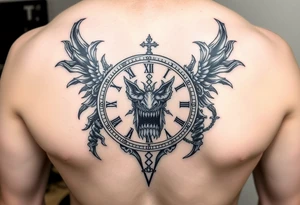 Cronos devorando el tiempo: puede incluir un reloj roto, engranajes y el rostro de Cronos, ideal en blanco y negro. tattoo idea