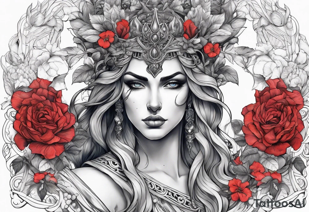 Hades with blue and red
shadowns and persephone symbols tattoo idea