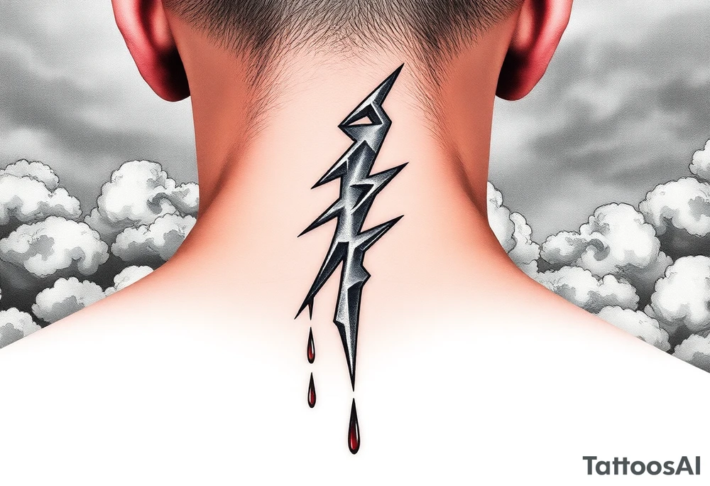The silhouette of a hand holding a lightning bolt, dripping blood and adorned with silver tribal tattoos, against a backdrop of stormy clouds and dark skies tattoo idea